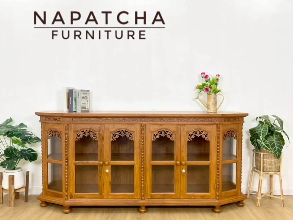 ตู้วางทีวี NAPATCHA FURNITURE รุ่นห้าเหลี่ยม/แกะลาย ไม้สักแท้ ขนาด 180X50X90 ซม. สีไม้สักธรรมชาติ